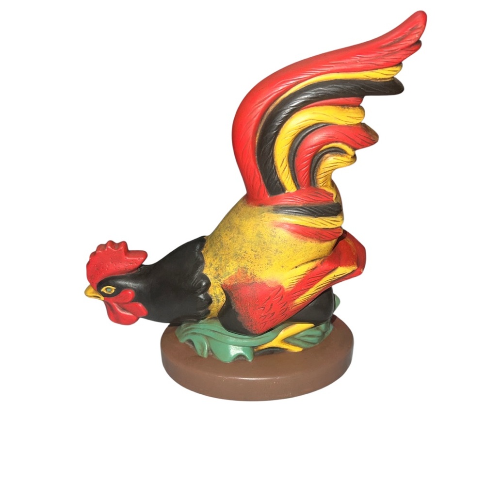 Colorful Vintage 1963 Rooster Figurine in Red, Yellow, and Black Signed
